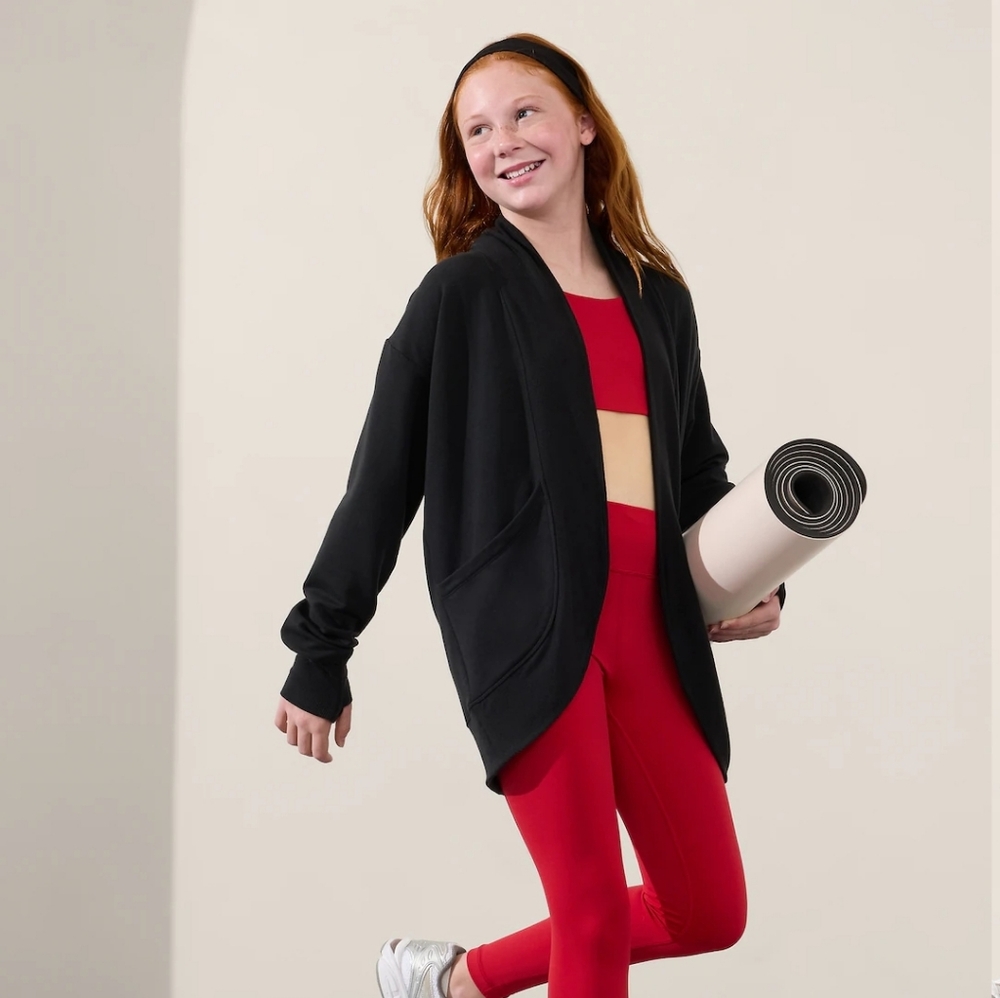 Athleta Girl Wrap 'n Roll Cardigan Black Open Front Cardigan